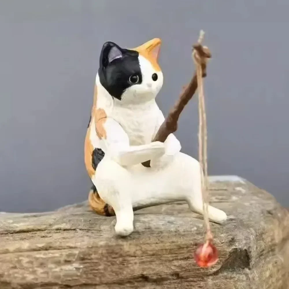 Lovely  Fishing Cat Fishbowl Fishing Figure Fisherman Figurine Cat Fishing Rod Seals Figure Cat Decor Interior Accessories Gift