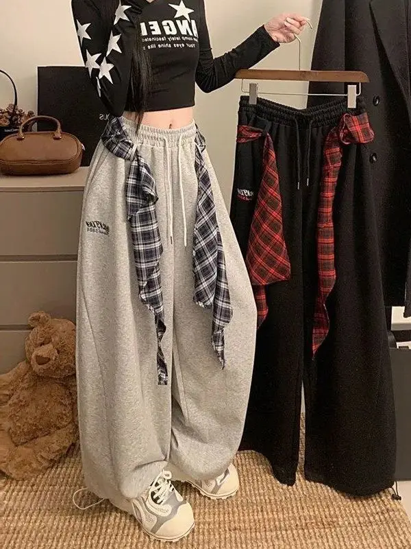 

plus Size American Retro Plaid Belted Wide Leg Pants Women's Loose Fce Casual Sweatpants High Waist Polyester Fiber