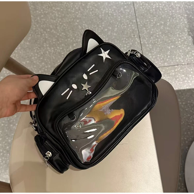 Umhängetasche, Katzenförmige Ita-Tasche mit transparentem Sichtfenster für Abzeichen, Pins und Puppen, leichte, niedliche Mode-Rucksäcke – Detail 12
