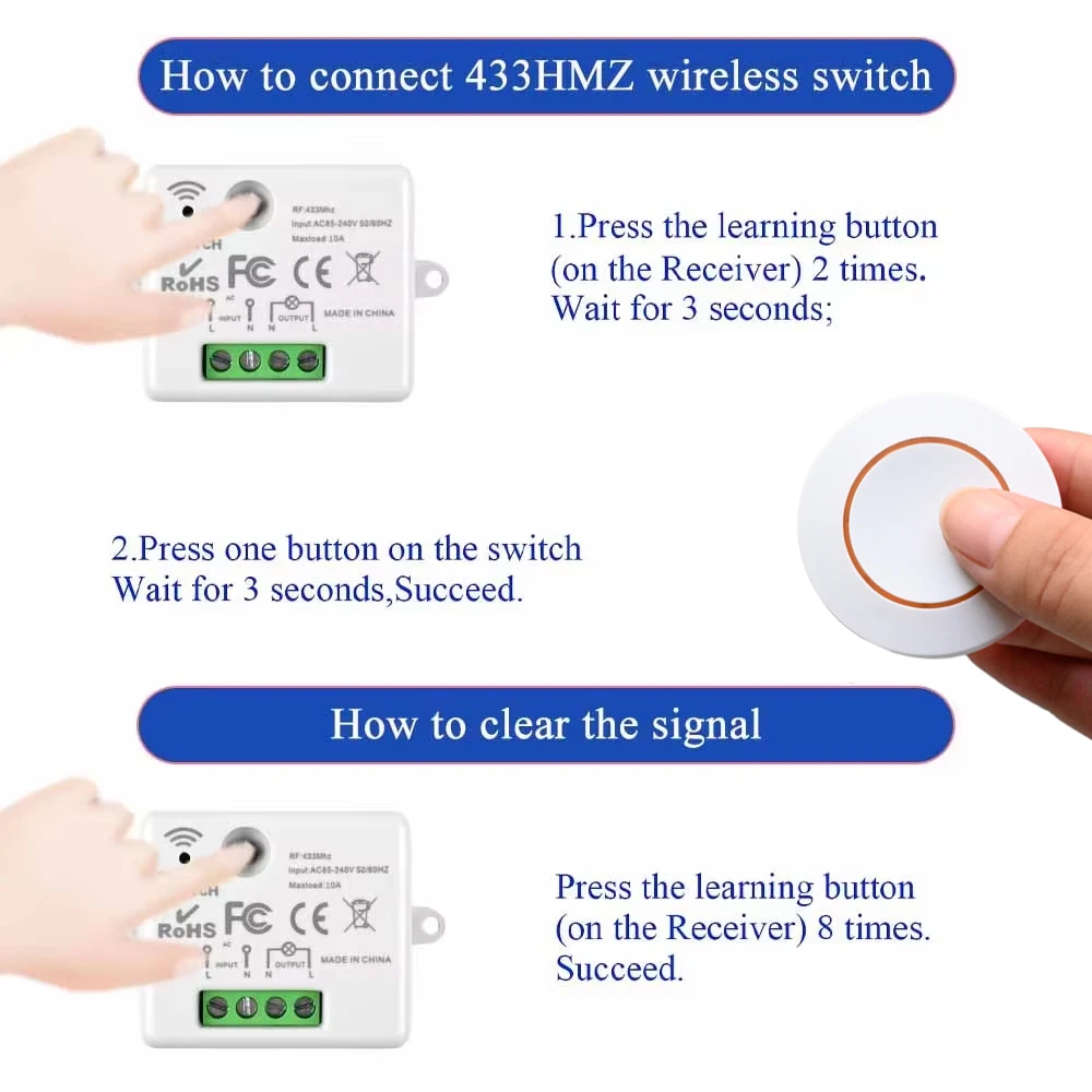 CENFAYA 433HMz Wireless Round Button Remote 110V 220V 230V 240V Mini Receiver RF Safey Switch Module 2200W Fr Home LED Lamp Bulb