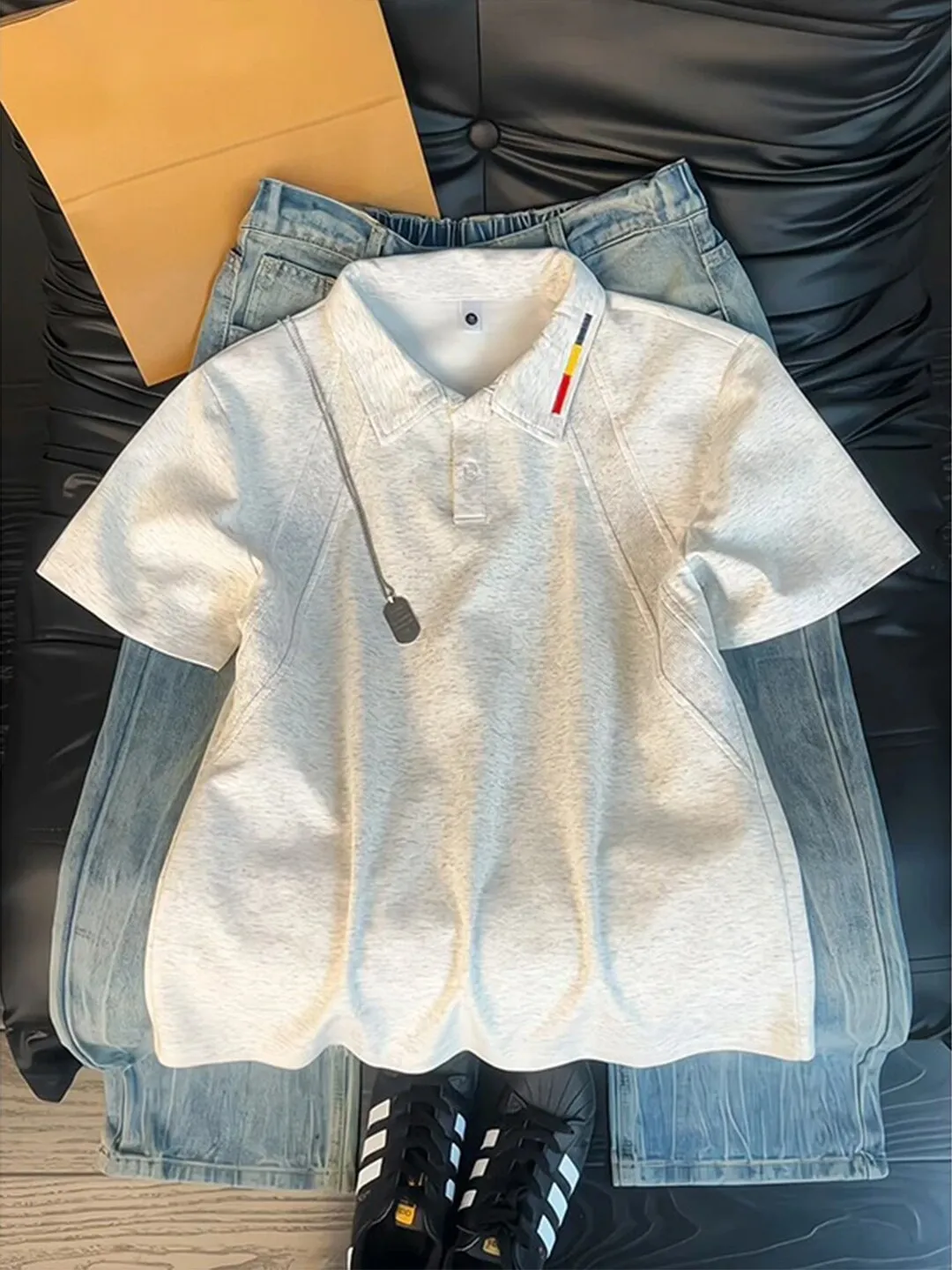 White Grey American Embroidery Short Sleeve Men's  Shirt Summer Ruffle Deconstruction Shoulder Button Collar Base Layer