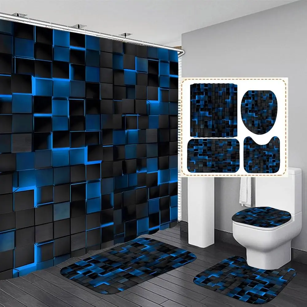 

Blue 3D Cube Shower Curtain Set with 12 Hooks and Matching Rugs