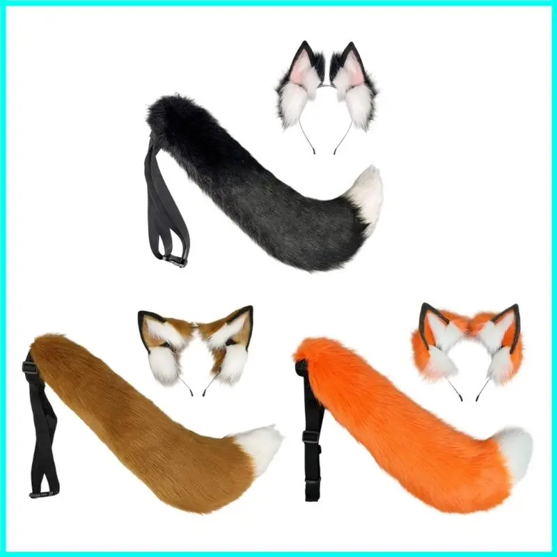 毛皮のようなキツネの耳のヘッドバンドと毛皮のような尻尾セット ハロウィン仮装パーティー用 快適な柔らかい素材で調節可能 子供 大人用