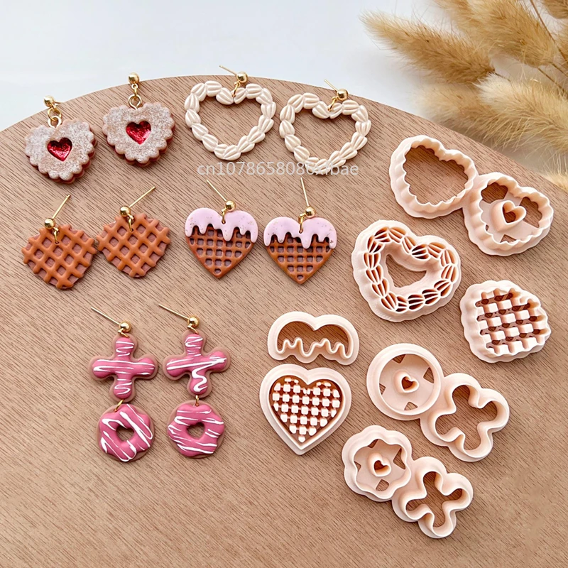 Valentines Cookie Waffle Heart Polymer Clay Cutters Lovely XOXO Donut Biscuits Shaped Pottery Dangle Clay Earrings Cutting Tools