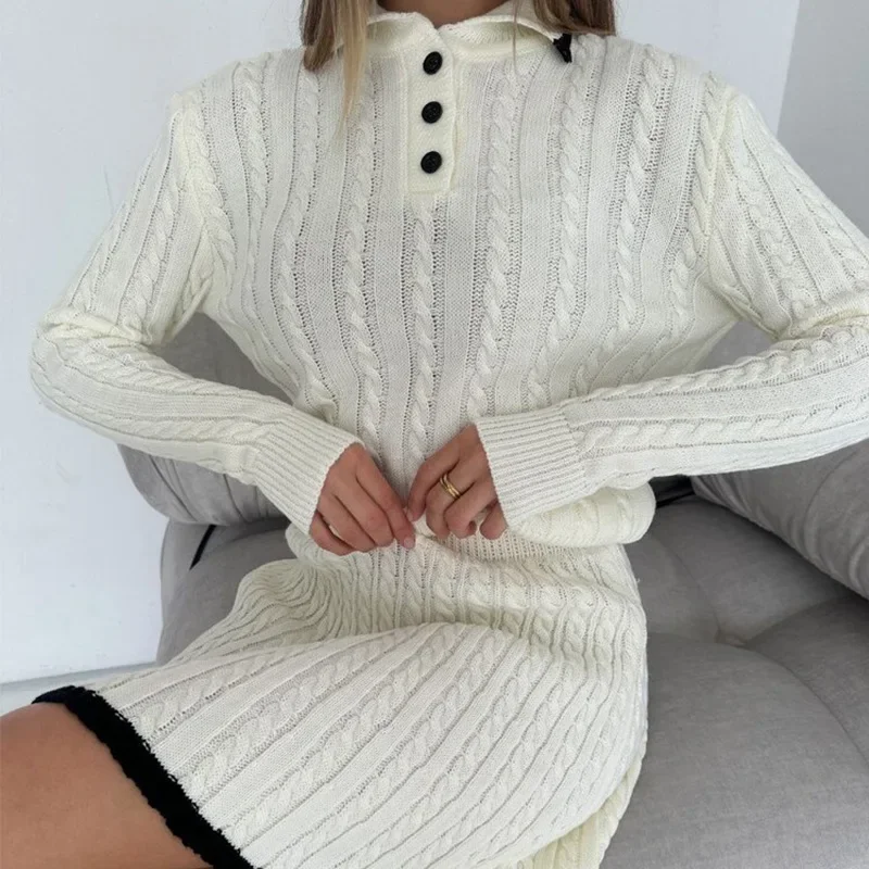 Autumn and Winter New Women\'s Casual Knitting Suit Solid Color Long Sleeved Sweater Fashion Short Skirt Women\'s Two Piece Set