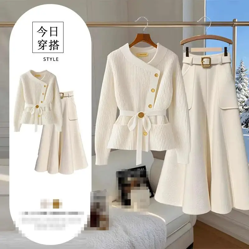 

Elegant temperament knitted sweater women's new design sense high waist fashionable half skirt set comfort pullover soft dress