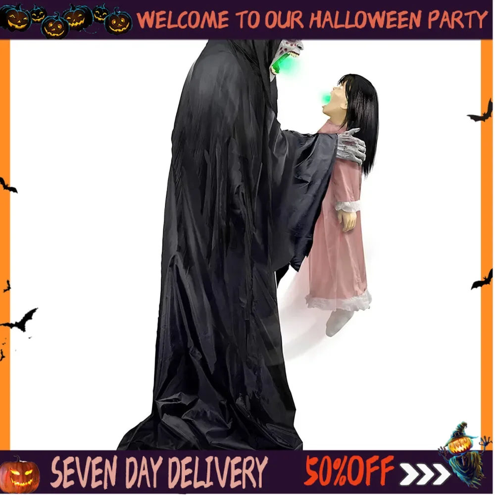 

Outdoor Halloween Decorations Soul Sucker Demon Reaper with Child By Motion-Activated Talking Halloween Animatronic for Creepy