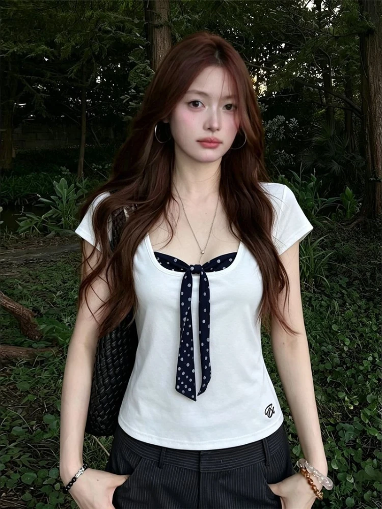 Deeptown Korean Style White T-shirts Women Sweet Polka Dot Patchwork Tees False Two-piece Kawaii Fashion Short Sleeve T-Shirts