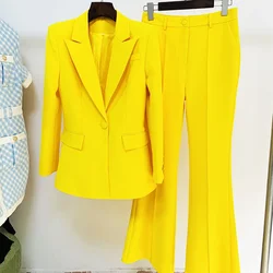 Pantaloni Set giallo moda Peak bavero Blazer cotone di alta qualità lino 2 pezzi Party Office Lady formale Slim Fit donna abiti 2024