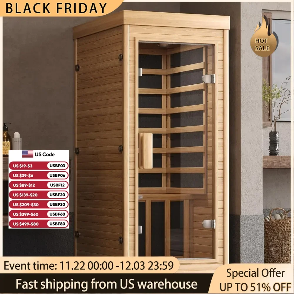 Infrared Home Sauna Room Hemlock Wooden Indoor Dry Sauna,Low EMF  Heaters Panels 10 Minutes Pre-Warm up,Time Temp Pre-Set