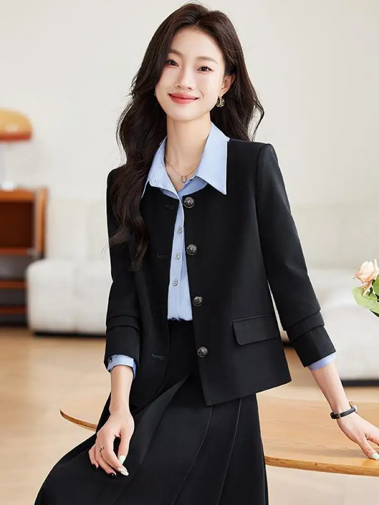 ฤดูใบไม้ผลิฤดูใบไม้ร่วงชุดผู้หญิงสีดําสีเทา Elegant รอบคอเดี่ยว Breasted Blazers Coat + เอวสูงจีบกระโปรง Midi 2 ชิ้นชุดใหม่