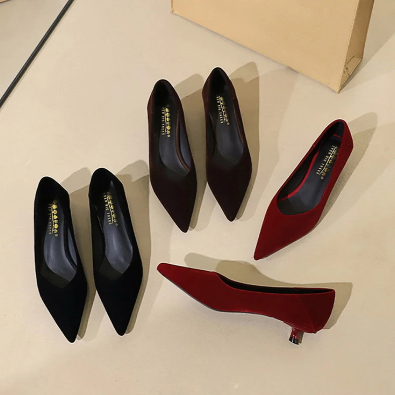 

Black Velvet Pointed Toe Kitten Heel Pumps For Women Elegant Minimalist Design Comfortable Low Heel Office Party Dress Shoes