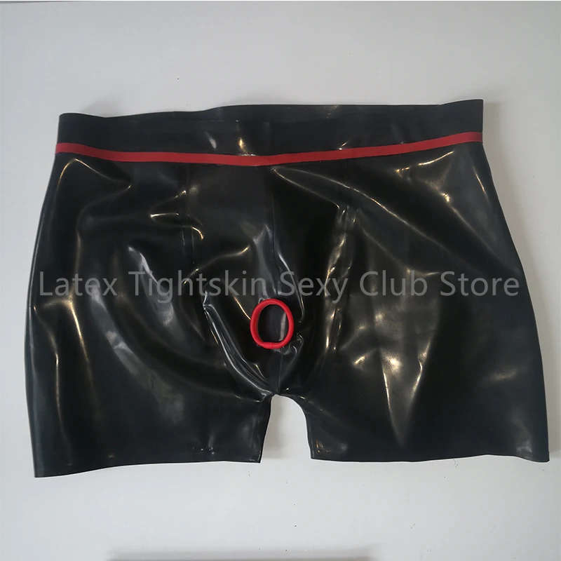 Sexy Man Latex Panties with Front Ring Hole Black with Red Trim Shorts Rubber Boxer Underwear Fetish Handmade