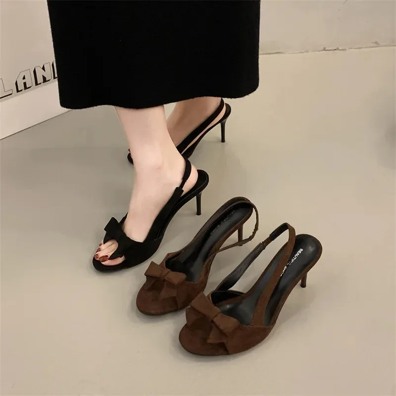 

Французские сандалии с узлом-бабочкой, летние сандалии-гладиаторы с открытым носком для женщин, элегантные женские модельные сандалии на высоком каблуке