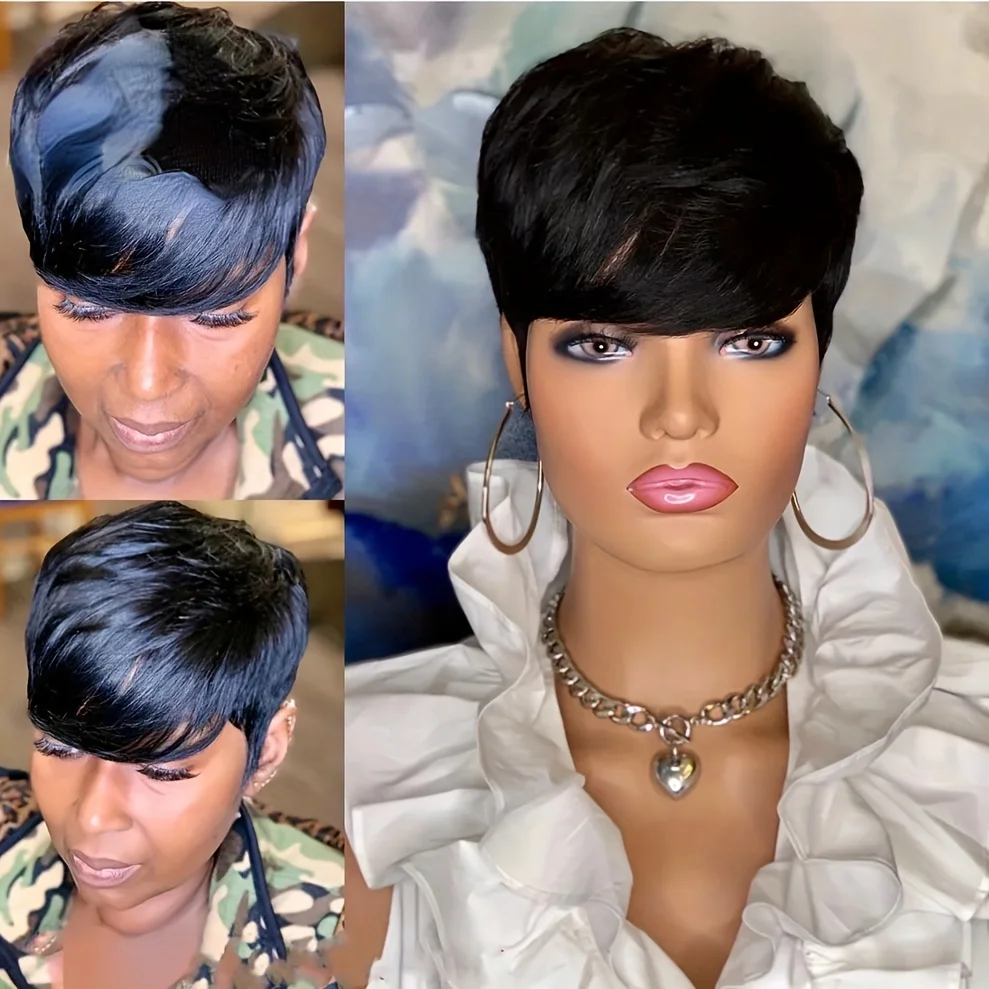350 # /99J/1B สี Pixie ตัดวิกผมมนุษย์ตรงสําหรับผู้หญิงเต็มรูปแบบทําวิกผมสั้นตรงวิกผม Bangs