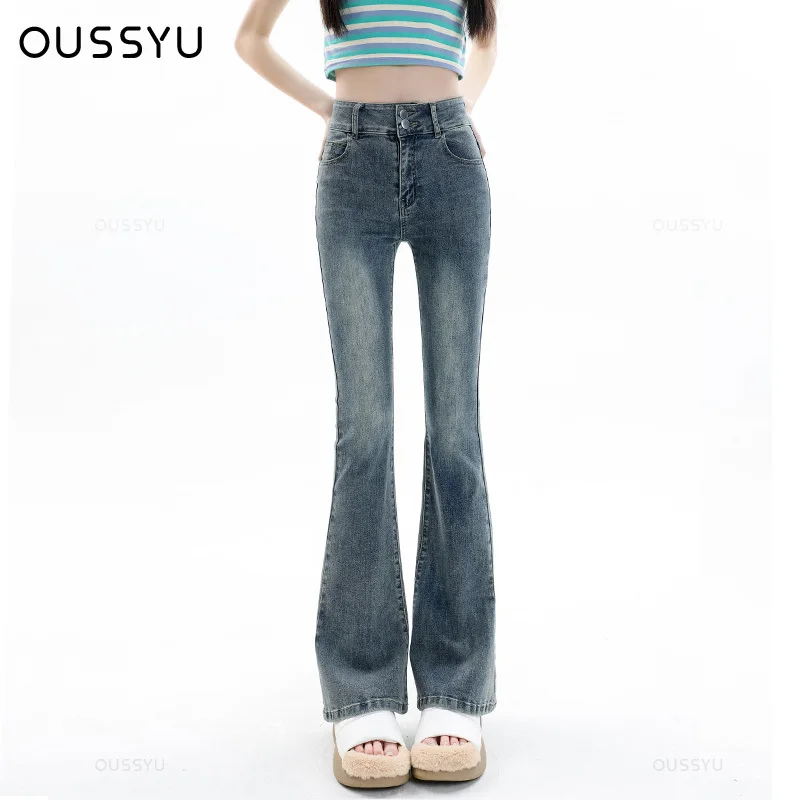 Damskie jeansy bawełniane spodnie jeansowe rozkloszowane elastyczna siła Vintage Streetwear wysokiej talii szczupła mama spodnie Harajuku Plus długość
