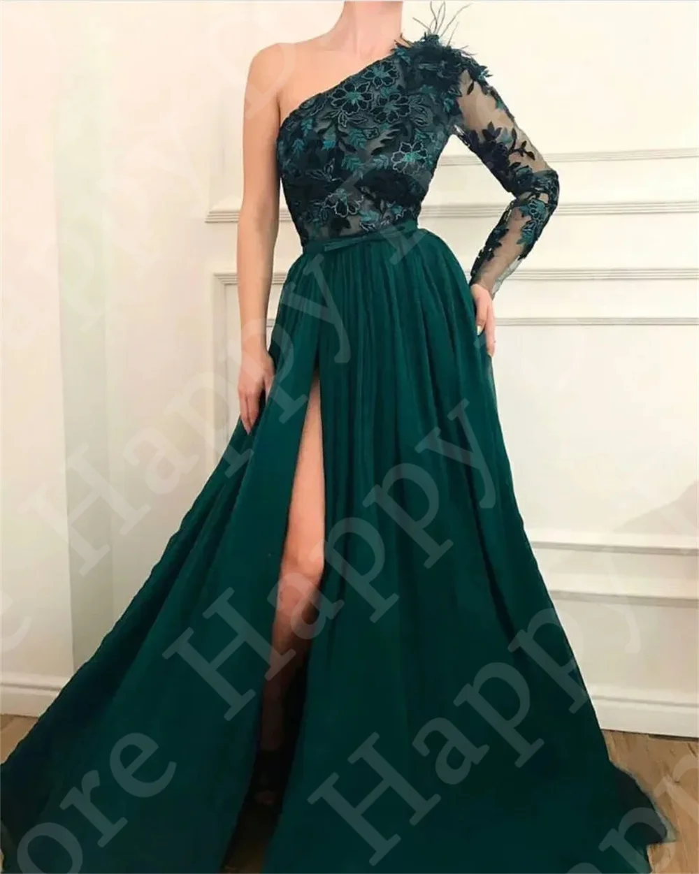 Vestido de noite formal de um ombro, apliques florais 3D, comprimento do chão, divisão alta, manga longa, feito sob medida, especial