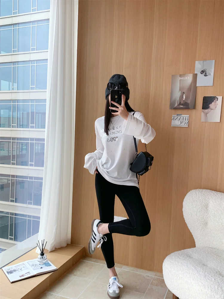 

Faionable Flipped IT Girl Limited Edition Mirror Laser Drill 996 round Ne Long Sve T-irt Cotton Casual Loose Fit Women