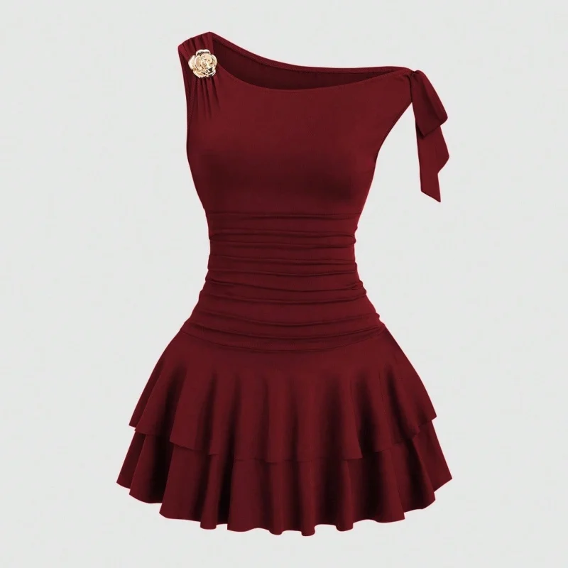 Women One Shoulder Mini Dress Ruched Bodycon Layered Ruffle Hem Party Dress With Gold Rose Brooch Elegant Vestidos