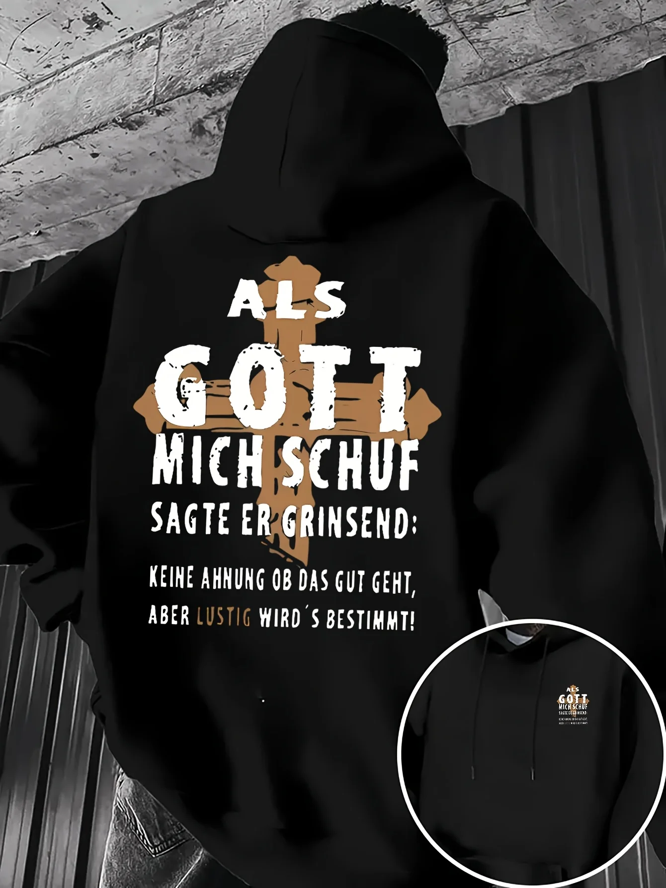 Men's German-style cross hooded sweatshirt, double-printed distressed cross German text print pullover, street casual top