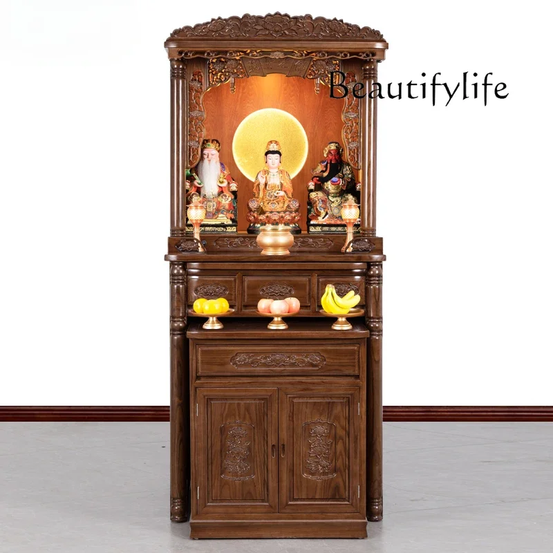 God of Wealth Cabinet Solid Wood Shrine New Chinese Vertical Cabinet Household Devotion Cabinet Buddha Statue Shrine