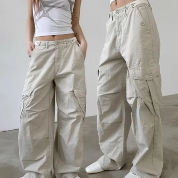 Rechte broek met meerdere zakken Dames 2025, zomer losse dunne cargobroek Y2k Grunge hoge taille Casual wijde pijpen