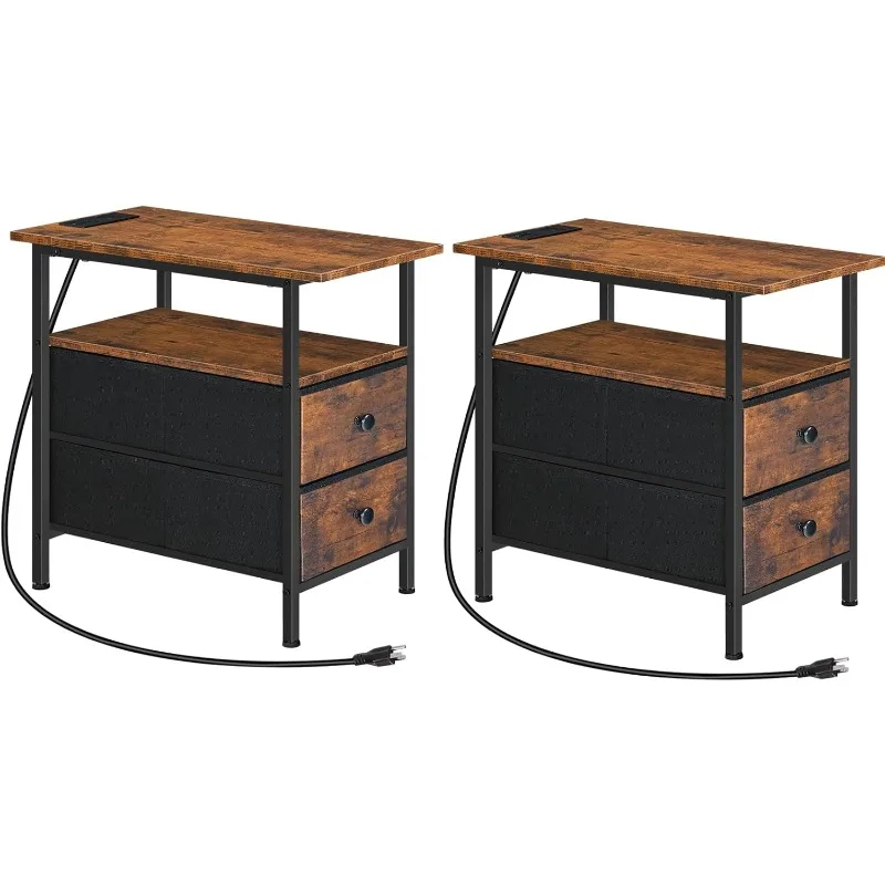 

End Table with Charging Station, Set of 2 Narrow Side Tables, Nightstand with 2 Non-Woven Drawers, Slim Sofa Table, for Small