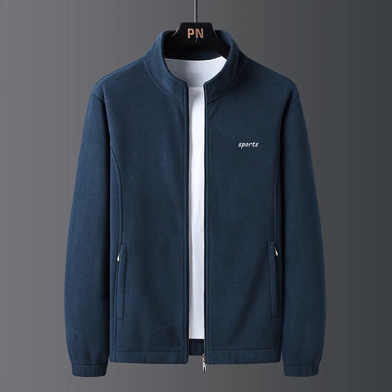 Men k Gray Stand Collar Fleece Jacket Embroidered Sports Letter Full Zip Zipper Pocket Casual Warm Outdoor