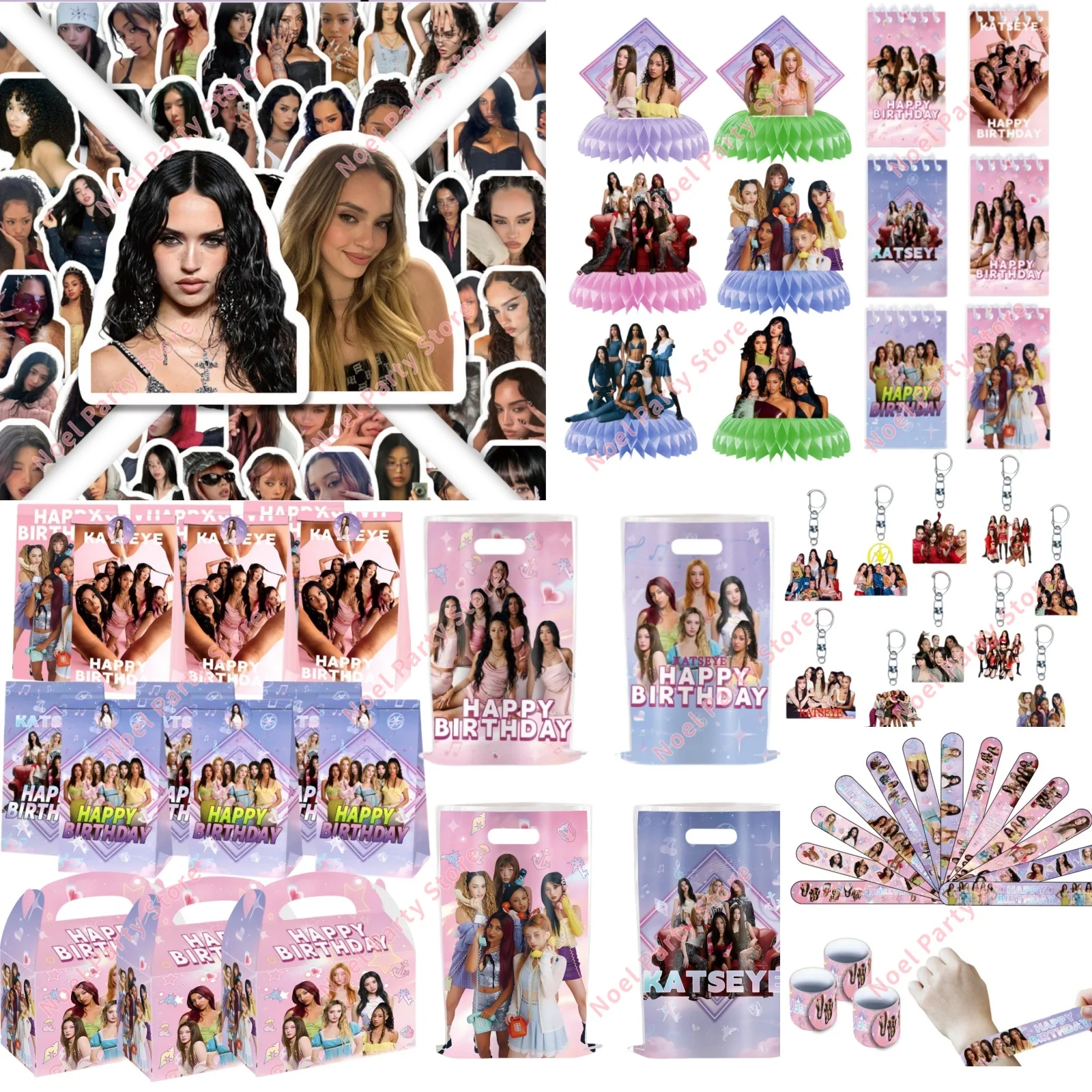 KATSEYE-Themen Geburtstagsparty Merchandise-Kollektion 100 KATSEYE Aufkleber, Doppelseitige Geschenktüten Acryl-Schlüsselanhänger Geschenkbox