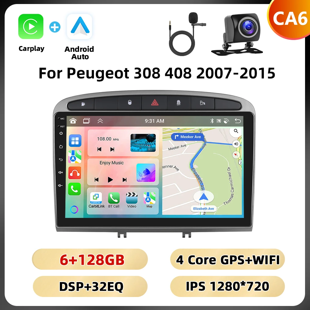 Podofo 2Din 9 ''Autoradio Voor Peugeot 308 408 2007-2015 Multimedia Speler Android Auto Carplay WIFI 4G GPS AI Voice Auto Audio