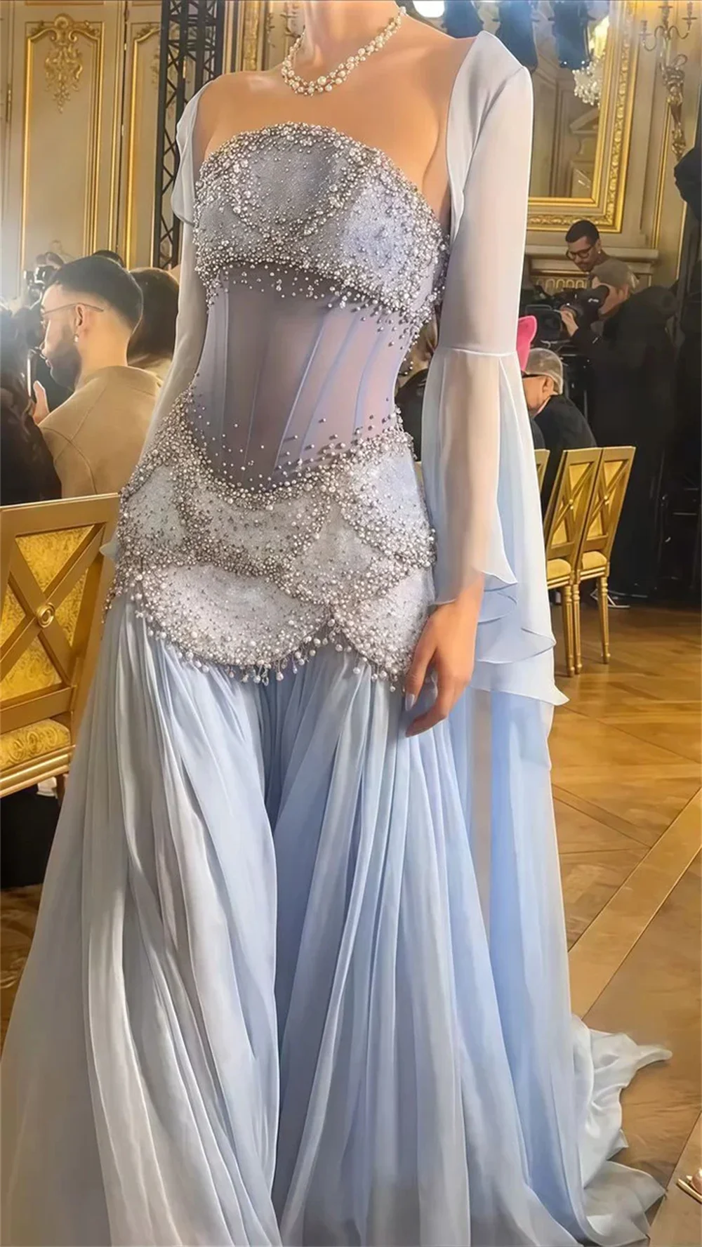Contessa Custom Baby Blue Strapless Evening Dress Sheer Corset Prom Dresses Beaded Vestidos De Noche A‑Line Formal Evening 2026 image 2