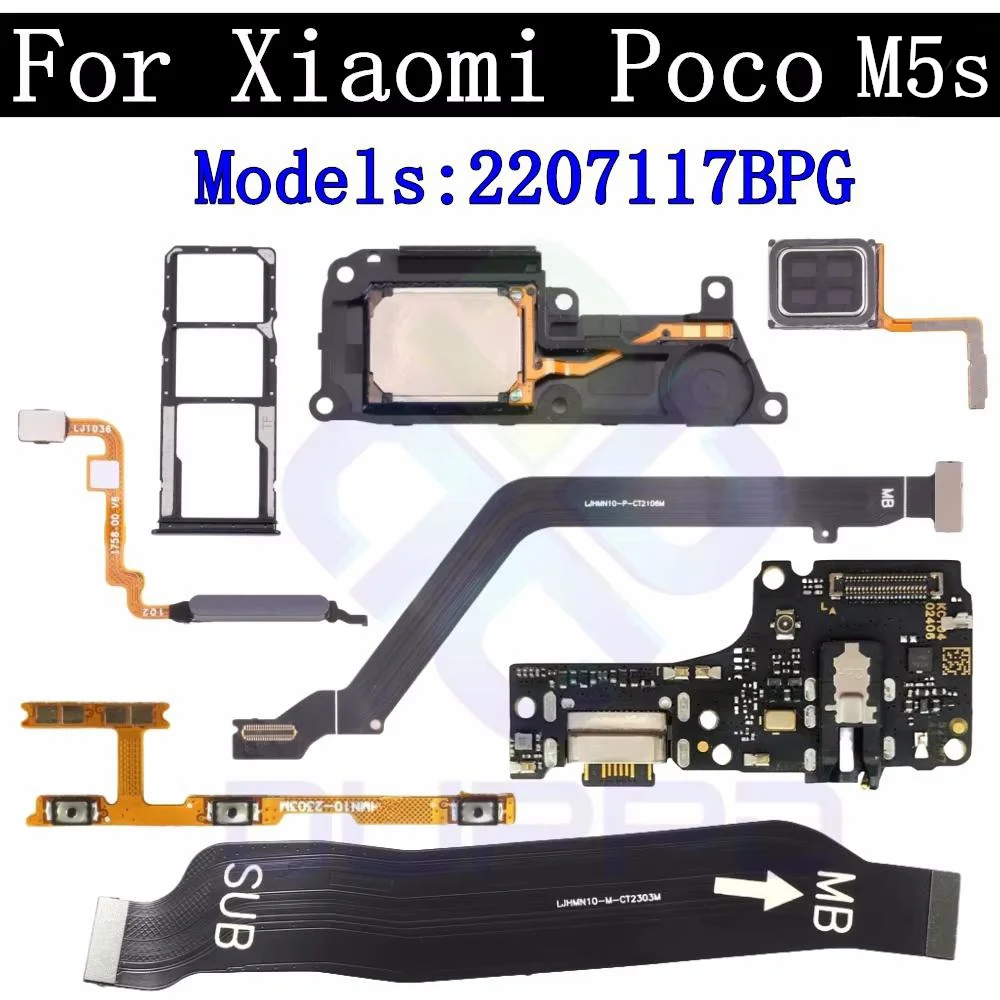 SIM Card Charging Port Board Fingerprint Sensor Off On LCD Motherboard Flex Cable For Xiaomi Poco M5s Top Ear Loud Speaker