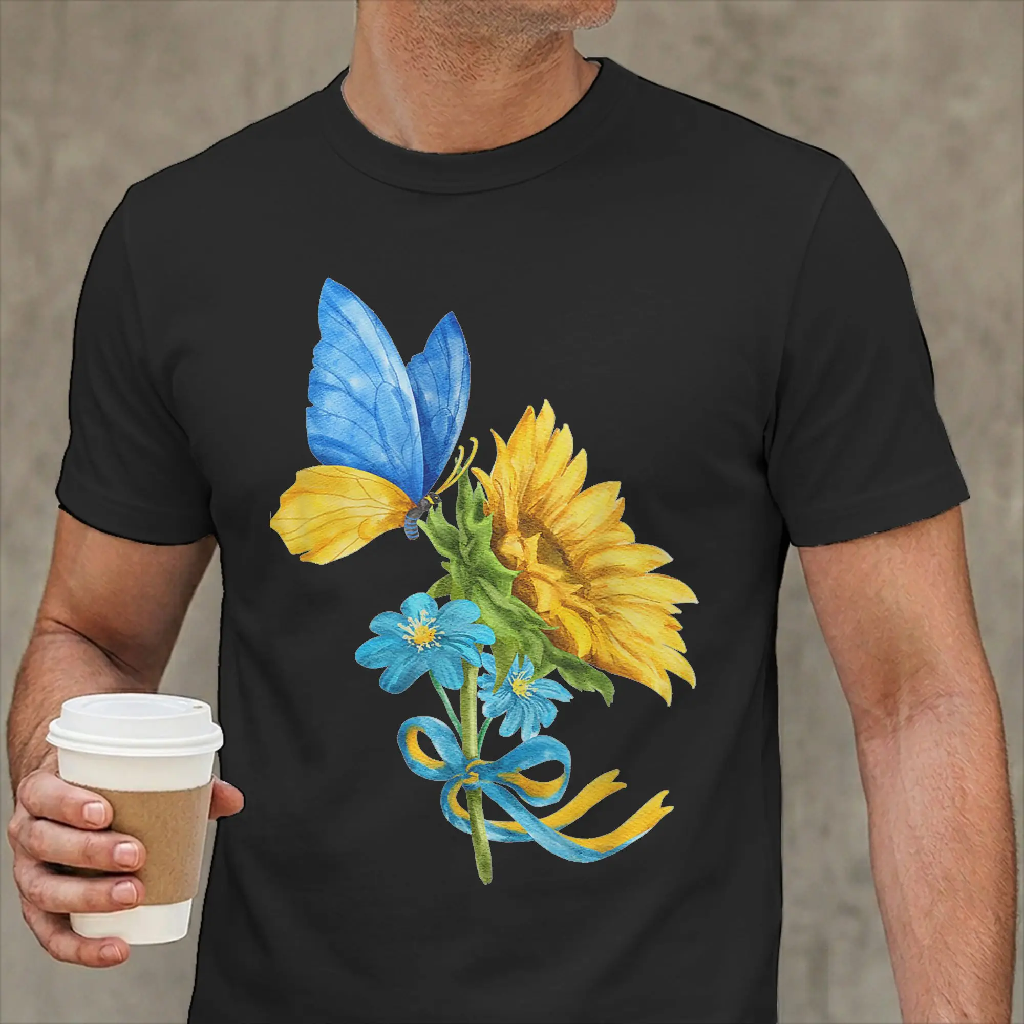 Funny Sunflower Ukraine Flag Butterfly Ukrainian Flag T-Shirt for Men  100% Cotton T Shirts  Short Sleeve Tee Shirt Summer Tops