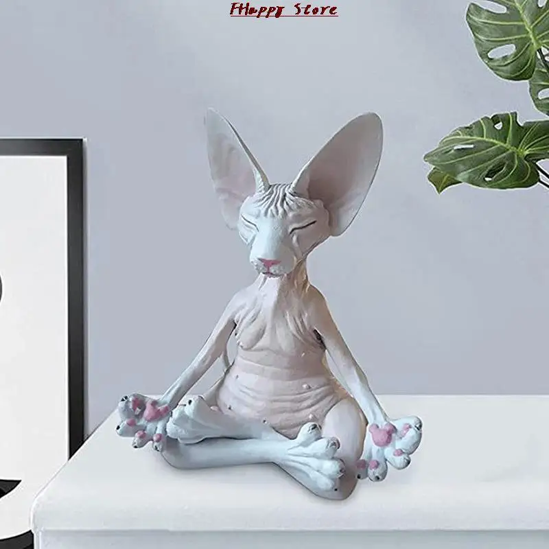 Home Decor Sphynx Cat Meditate Collectible Figurines Miniature Buddha Cat Figurine Animal Model Doll Toys Hairless Cat Figurine