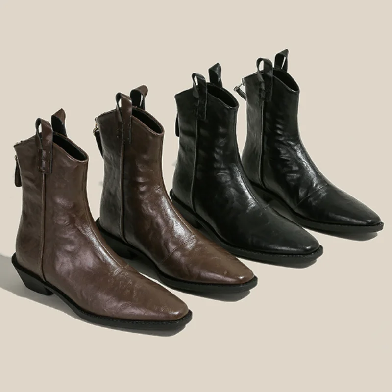 

Textured Leather Western Botas Vaqueras Mujer Pointed Toe Short Boots For Women Chunky Mid Heels Back Zipper Shoes Women Mature