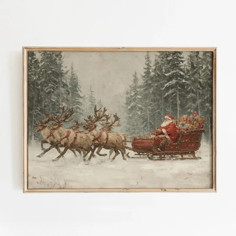 Vintage Christmas Gallery Wall Art Prints Snowy Winter Village Scene Unframed Canvas Wall Art for Farmhouse Holiday Home Decor