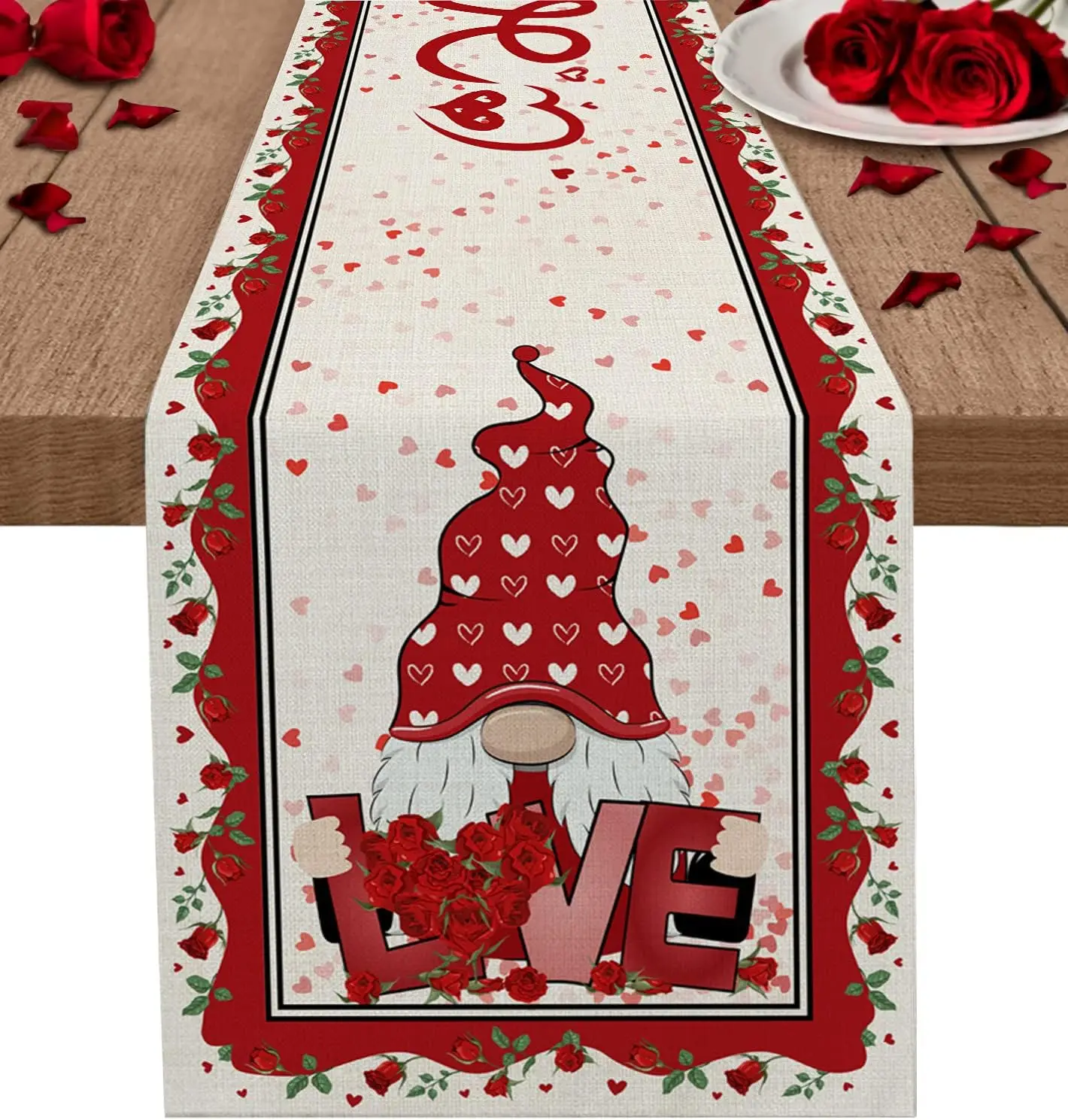 

Valentine's Day Gnomes Love Heart Linen Table Runners Dresser Scarves Table Decor Kitchen Dining Table Runners Party Decoration