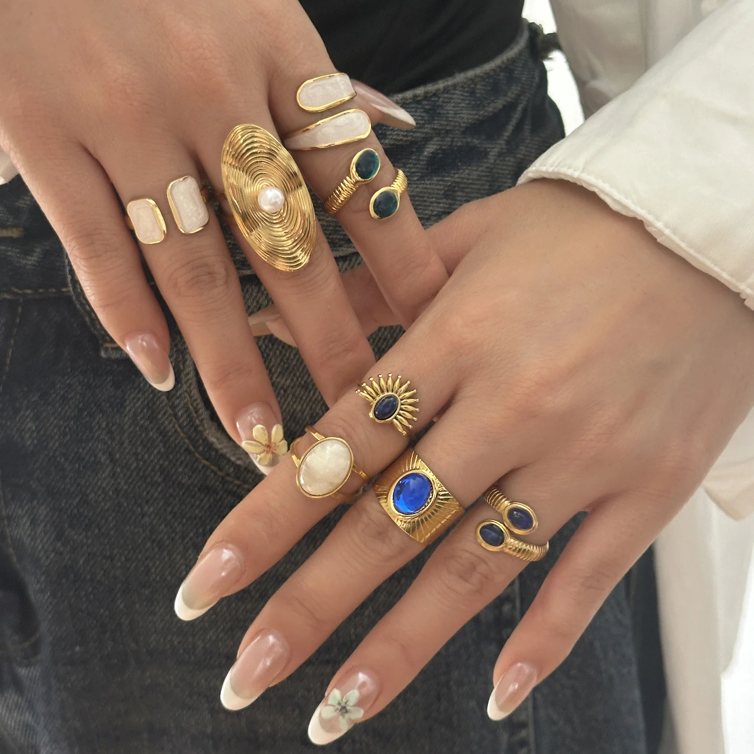 Edelstahl Weiße Öltropfen Offene Ringe für Frauen Naturstein-Einlage Breiter Ring Stapelbare Ringe Vergoldeter Schmuck – Detail 3
