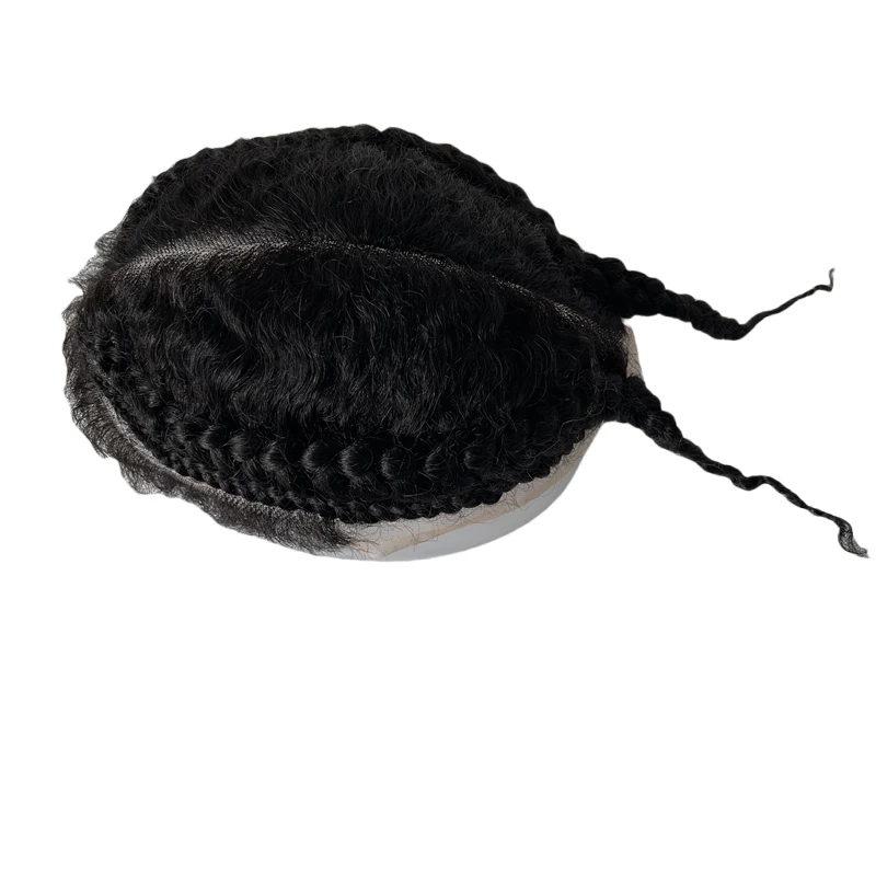 Brazilian Virgin Human Hair Systems Black Color Afro Baby Hair Cornrow Braids Toupee Full Lace Unit for Black Men