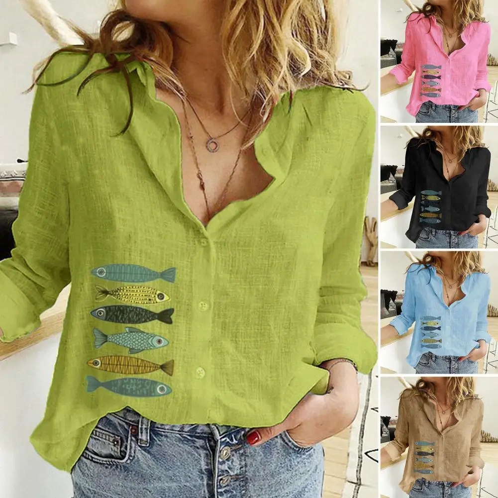 Elegant Cotton Linen Shirts Women Casual Printing Button Lapel Blouses Shirts Spring Summer Long Sleeve Loose Tops Tunic Blusas