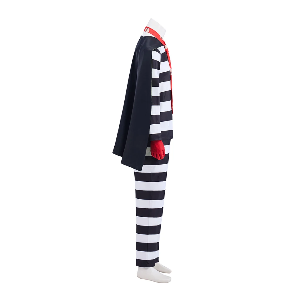 Men Hamburger Thief Cosplay Costume Black White Striped Jail Prisoner Uniform Fast Food Burglar Halloween Party Outfit with Cape view 3
