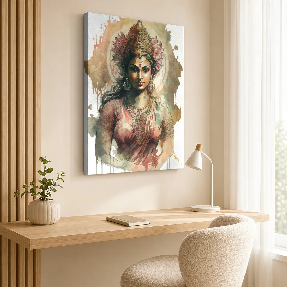 Lakshmi Hindu Faith Portrait Canvas Print With Wooden Frame Personalized Photo, Sacred Illustration Wall Art For Living Room