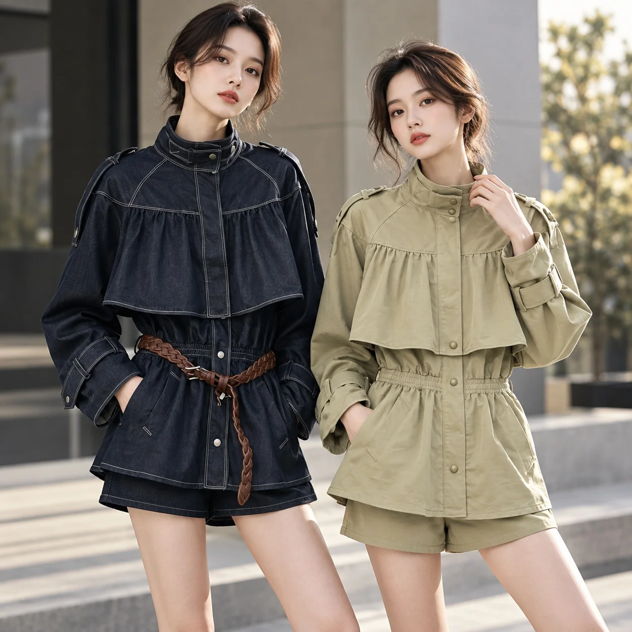 Belt Buttons Set Elegant Commuter Style with Autumn Shawl Collar Epaulettes Pockets Regular Sleeves Long Sleeves Women Shorts