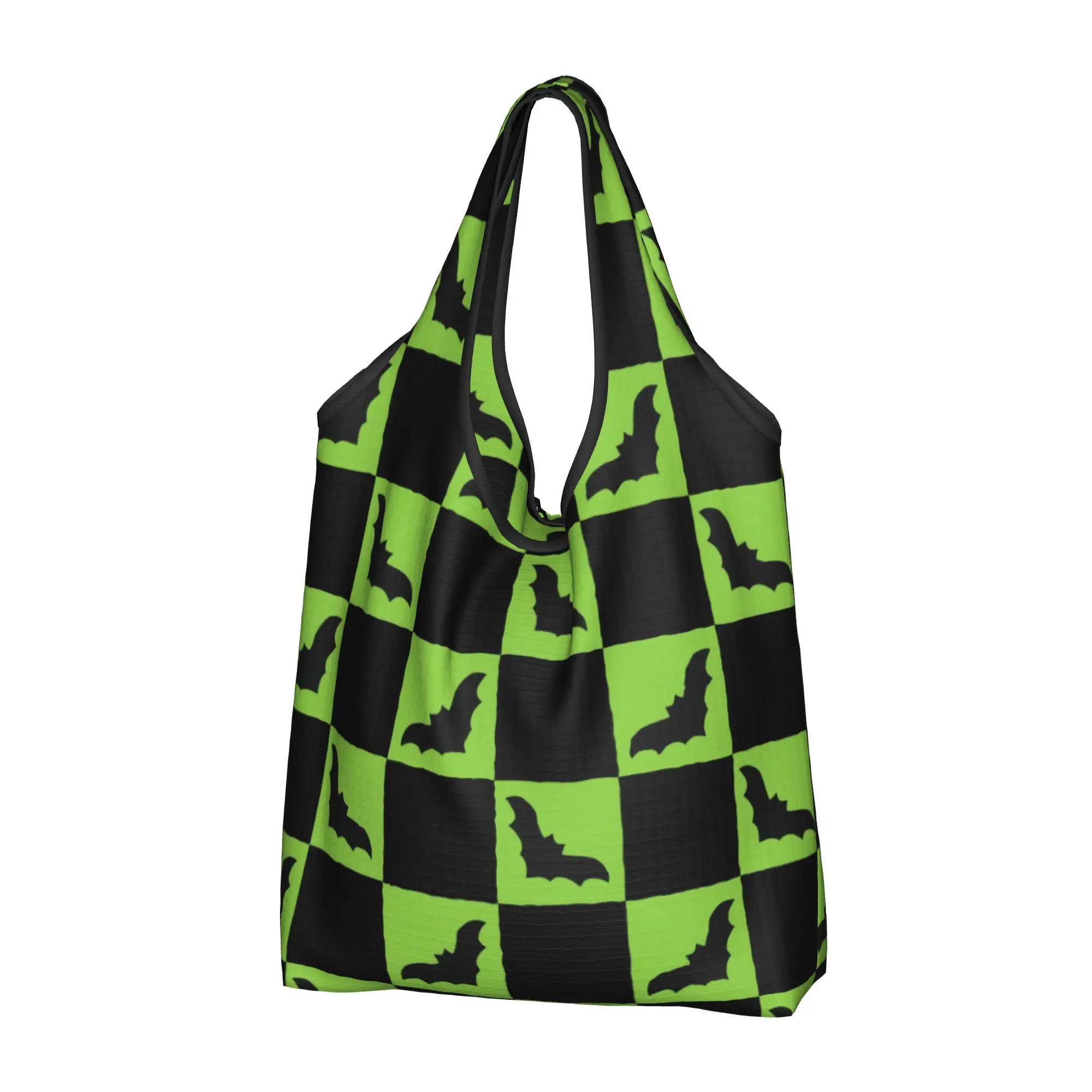 Custom Green And Black Checkered With Bats Shopping Bag Women Portable Large Capacity Grocery  Cute Animal  Shopper Tote Bags