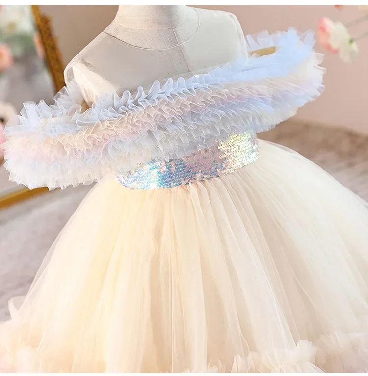 Baby Girl Princess Off Shoulder Dress Sequined Champagne Tulle Children Party Wedding Birthday Gown Kids Frocks 1-4Y