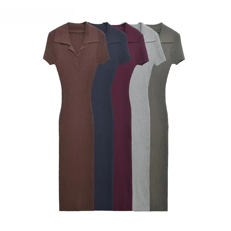 KADUWAKI Spring Woman Trendy Short Sleeve Knitted Maxi Skirt Bodycon Dress Chic Woman's Turn-Down Collar Button Ruffles Dresses
