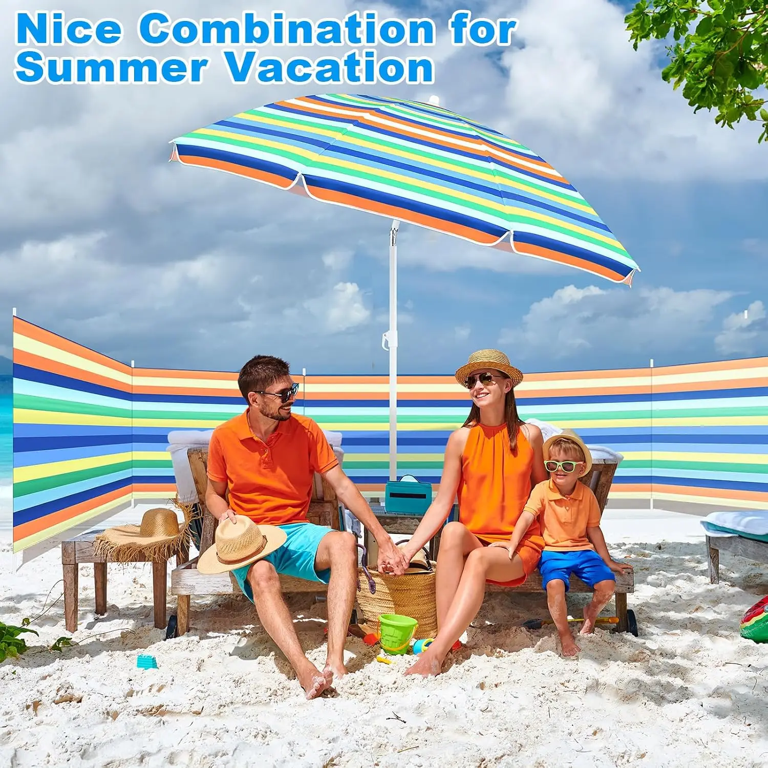 20ft Beach Windscreen Set With 6ft Beach Umbrella UV 50 Wind Blocker Sandbeach Tanning Privacy Screen Kit Sand Anchor Storage Bag Outdoor view 6