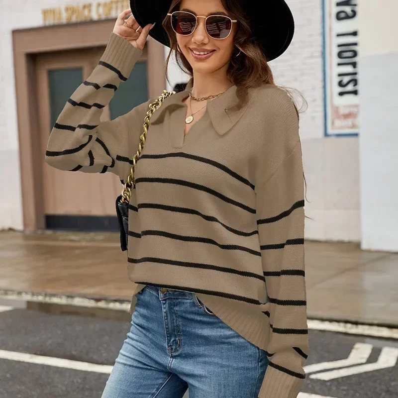 Women's Autumn and Winter New Spell Color Loose Pullover Sweater, Wind Top Casual POLO Neck Striped Knitted Sweater,