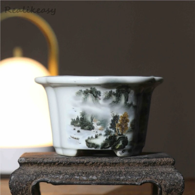 2025 New Hand Painted Purple Sand Flower Pots Creative Retro Bonsai Pots Chinese Style Ceramic Succulent Flower Pots Home Decor