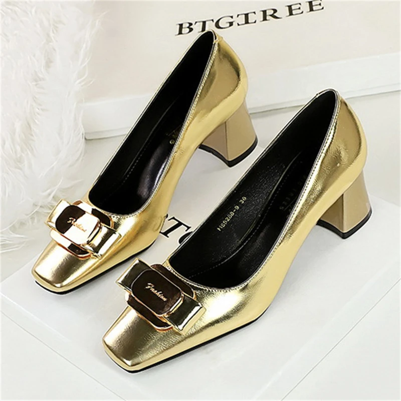 

Women's Shoes Spring Fashion Butterfly Knot Button High Heel Pumps Square Heel Stripper Party Shoes for Women New Zapatos Mujer